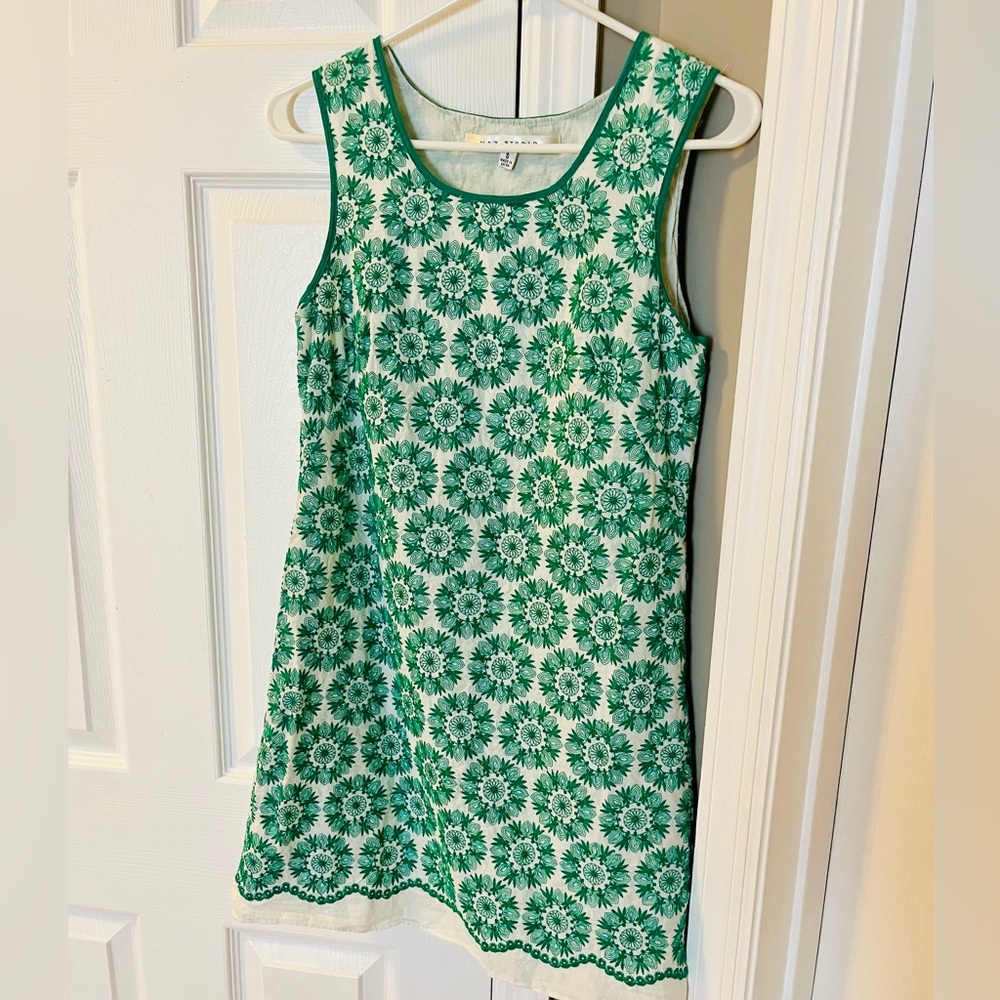 Preppy Max Studio Dress with Green Floral Embroidery